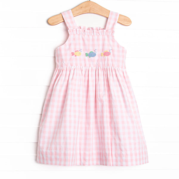 French Knot Fishes Embroidered Dress, Pink