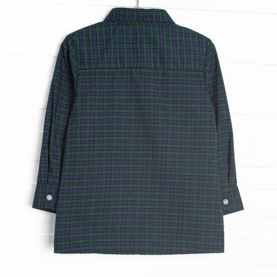Puppy Plaid Embroidered Button-Up Shirt, Blue