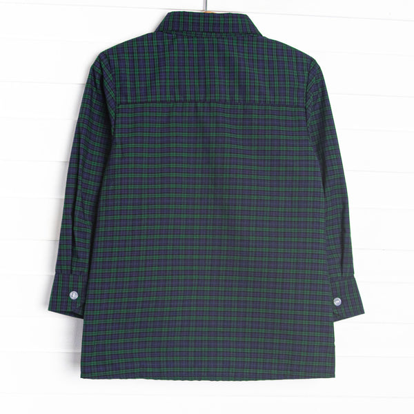 Puppy Plaid Embroidered Button-Up Shirt, Blue