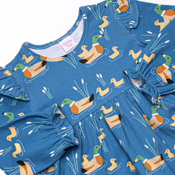 Ducks in a Row Ruffle Dress, Blue