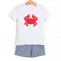 Cutest Crab Applique Short Set, Navy Stripe