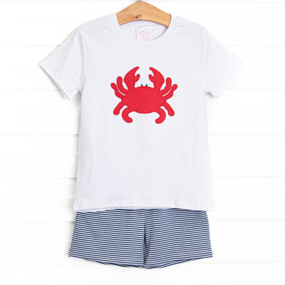 Cutest Crab Applique Short Set, Navy Stripe