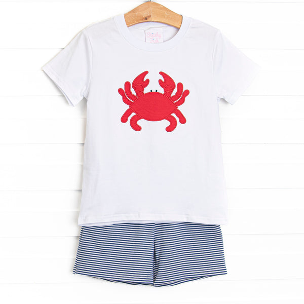 Cutest Crab Applique Short Set, Navy Stripe