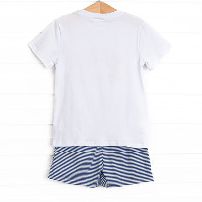 Cutest Crab Applique Short Set, Navy Stripe