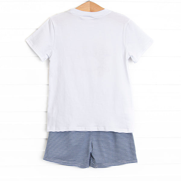 Cutest Crab Applique Short Set, Navy Stripe