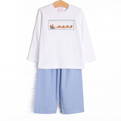 St. Nick's Sleigh Smocked Pant Set, Blue