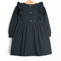 Puppy Plaid Embroidered Dress, Blue