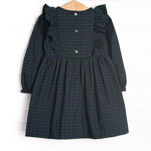 Puppy Plaid Embroidered Dress, Blue