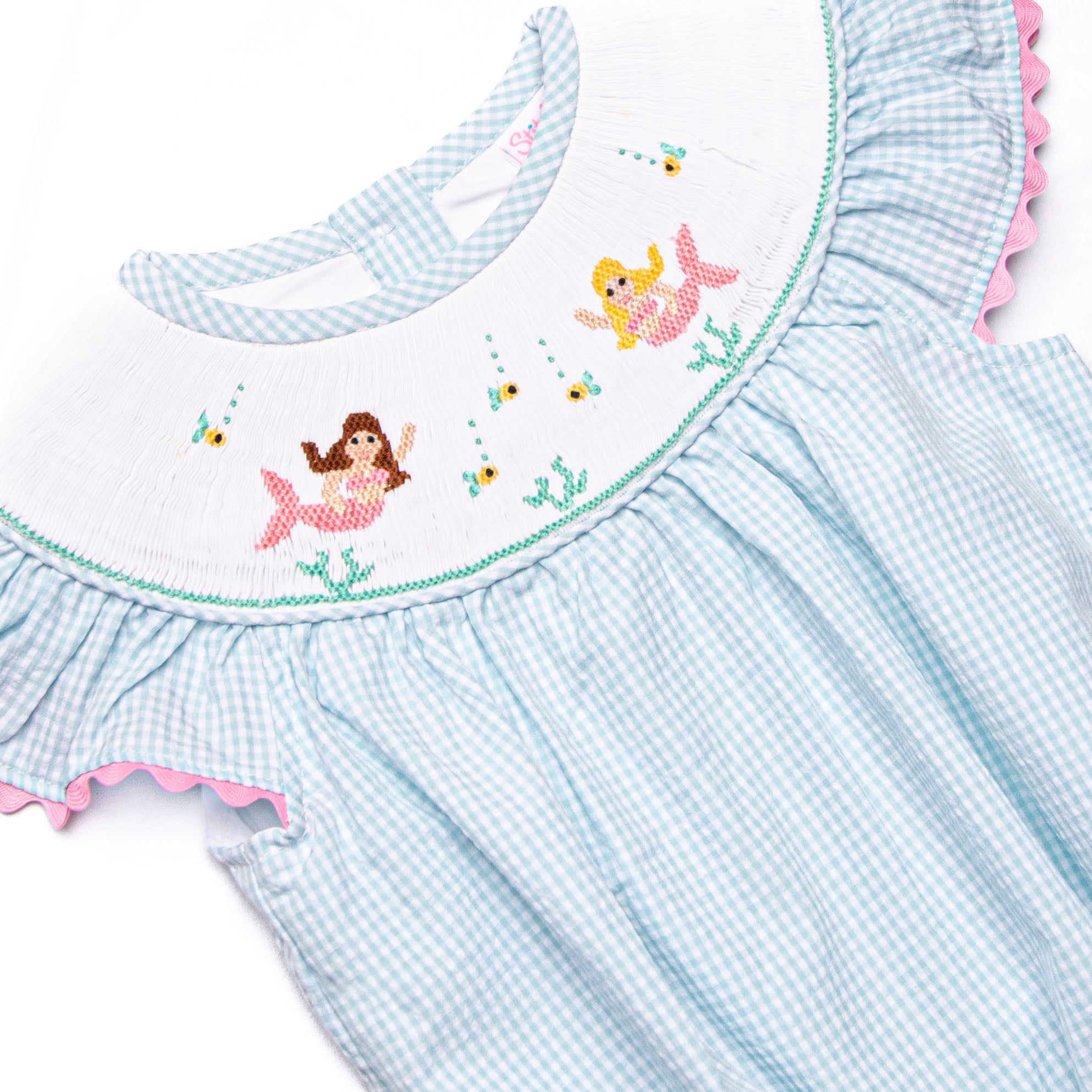 Girl's marine Mermaid Smocked Bishop Dress in Aqua size 5 | Stitchy Fish Girl's marine Mermaid Smocked Bishop Dress in Aqua size 5 | Stitchy Fish
