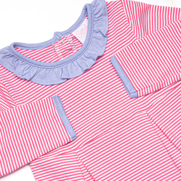 Lexie Ruffle Romper, Periwinkle and Medium Pink Stripe