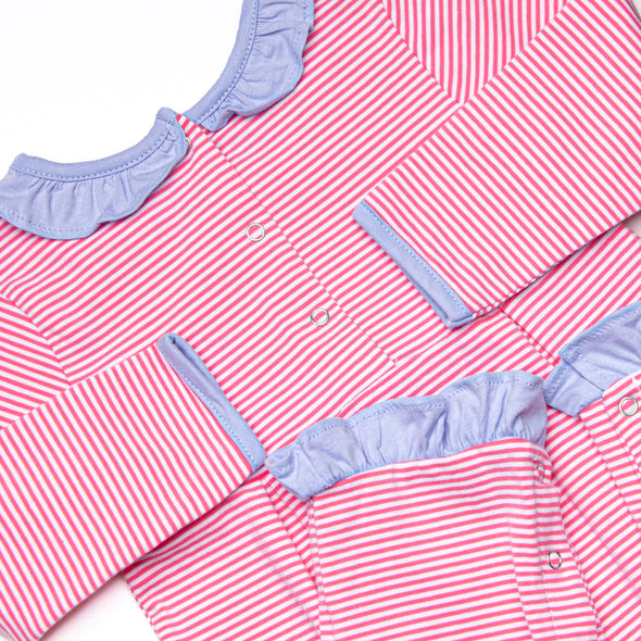 Lexie Ruffle Romper, Periwinkle and Medium Pink Stripe