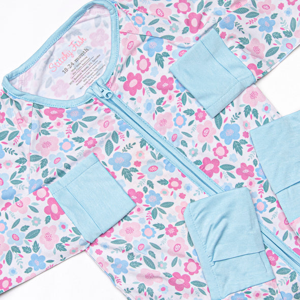 Blue Floral Bamboo Zippy Pajama, Blue
