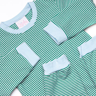 Luca Romper, Blue and Forest Green Stripe
