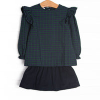 This set features navy and green plaid, ruffle trim, and long sleeves, Coordinating navy corduroy skirt to match. 