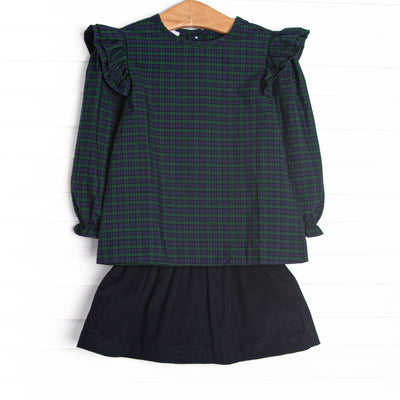  This set features navy and green plaid, ruffle trim, and long sleeves, Coordinating navy corduroy skirt to match. 