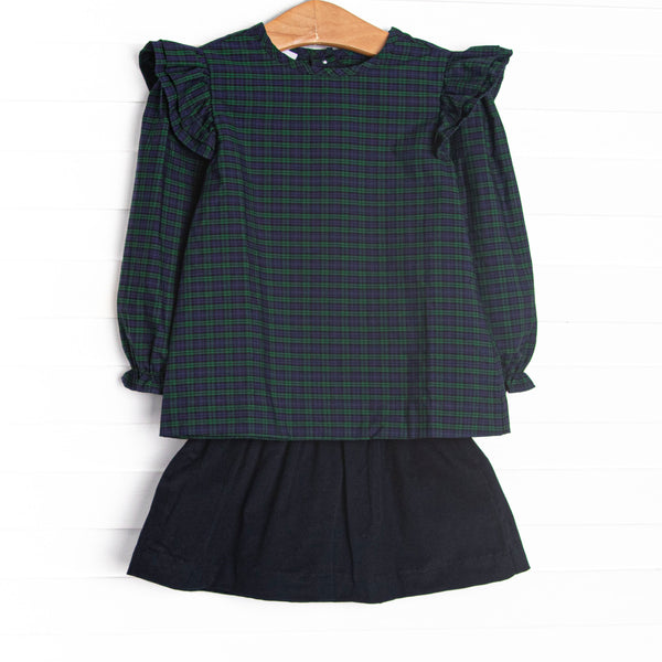  This set features navy and green plaid, ruffle trim, and long sleeves, Coordinating navy corduroy skirt to match. 