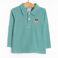  This top features long sleeves, a green striped print, and a reindeer embroidery. 