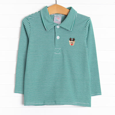  This top features long sleeves, a green striped print, and a reindeer embroidery. 