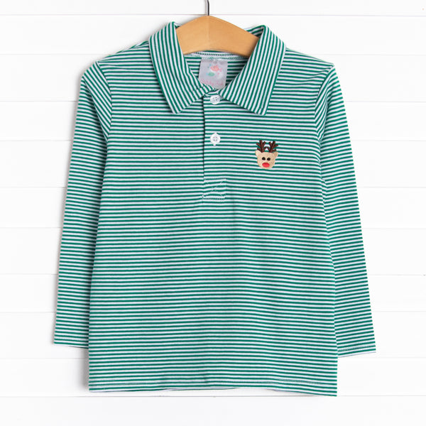  This top features long sleeves, a green striped print, and a reindeer embroidery. 