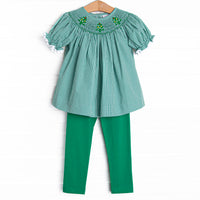 Christmas Tree Trio Smocked Legging Set, Green Gingham