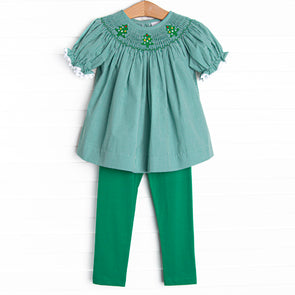 Christmas Tree Trio Smocked Legging Set, Green Gingham