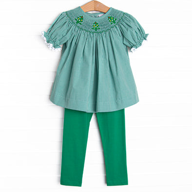 Christmas Tree Trio Smocked Legging Set, Green Gingham