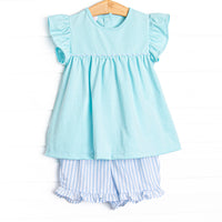 Seafoam Stripes Ruffle Short Set, Blue