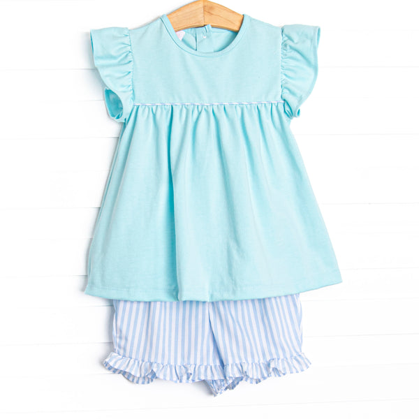 Seafoam Stripes Ruffle Short Set, Blue