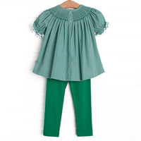 Christmas Tree Trio Smocked Legging Set, Green Gingham
