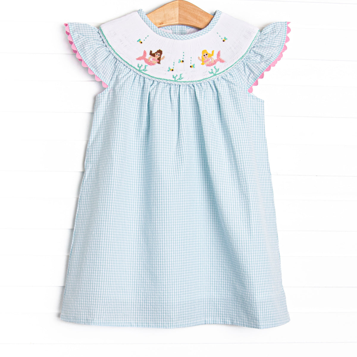 mermaid smocked dress Girl's marine Mermaid Smocked Bishop Dress in Aqua size 5