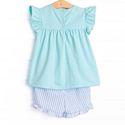 Seafoam Stripes Ruffle Short Set, Blue