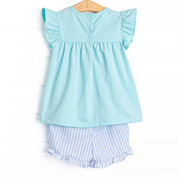 Seafoam Stripes Ruffle Short Set, Blue