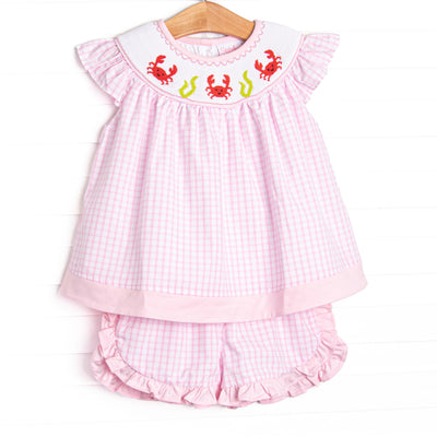 Crustacean Critter Smocked Ruffle Short Set, Pink