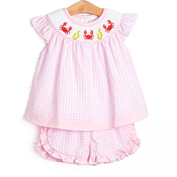 Crustacean Critter Smocked Ruffle Short Set, Pink