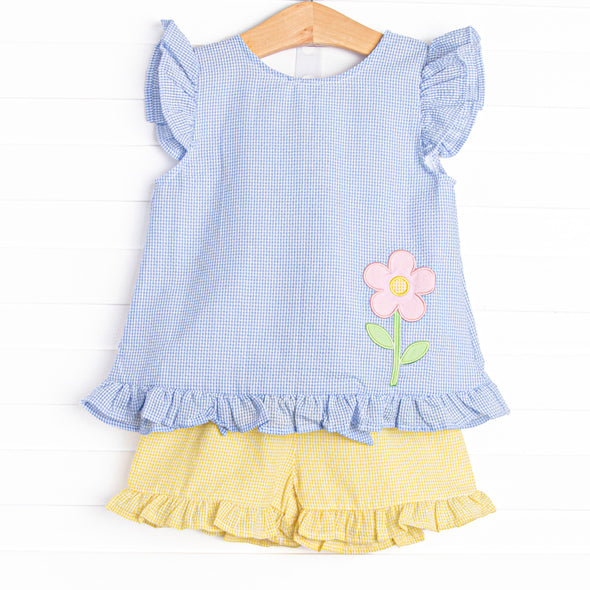 Sprout Up Spring Applique Ruffle Short Set, Blue