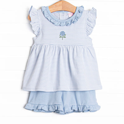 Hydrangea Pima Embroidered Ruffle Short Set, Blue