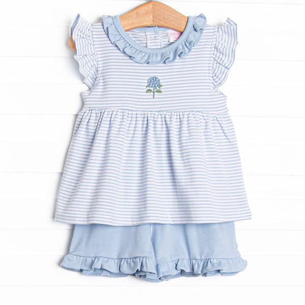 Hydrangea Pima Embroidered Ruffle Short Set, Blue