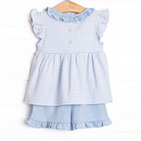 Hydrangea Pima Embroidered Ruffle Short Set, Blue