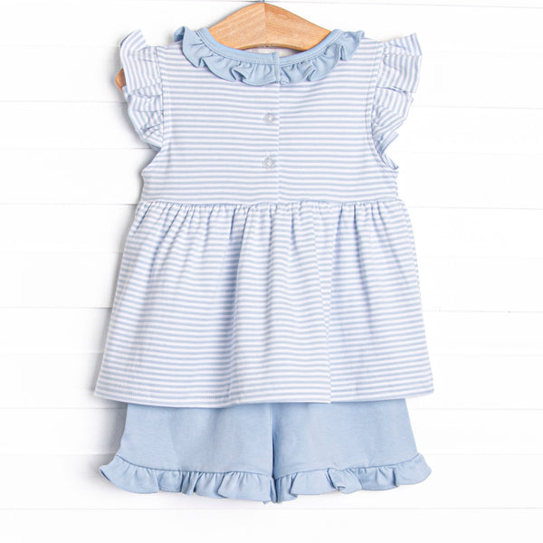 Hydrangea Pima Embroidered Ruffle Short Set, Blue