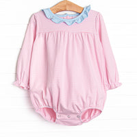 This cozy knit favorite is a staple for every little girl's closet. Featured here in pink stripes and blue ruffle collar add adorable details!