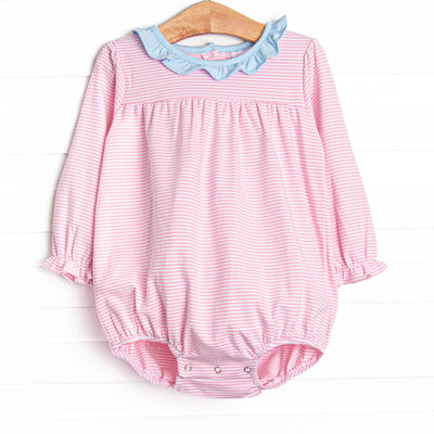 This cozy knit favorite is a staple for every little girl's closet. Featured here in pink stripes and blue ruffle collar add adorable details!