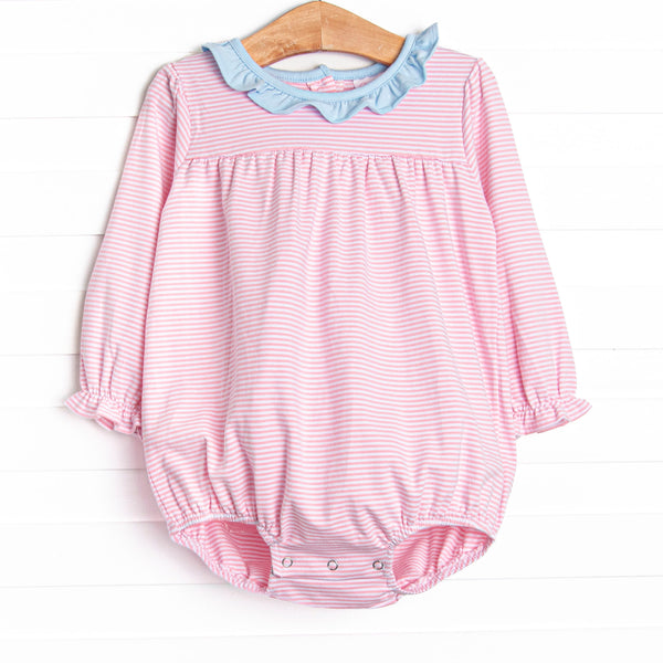This cozy knit favorite is a staple for every little girl's closet. Featured here in pink stripes and blue ruffle collar add adorable details!