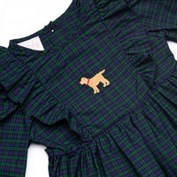 Puppy Plaid Embroidered Dress, Blue