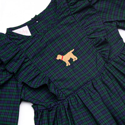 Puppy Plaid Embroidered Dress, Blue