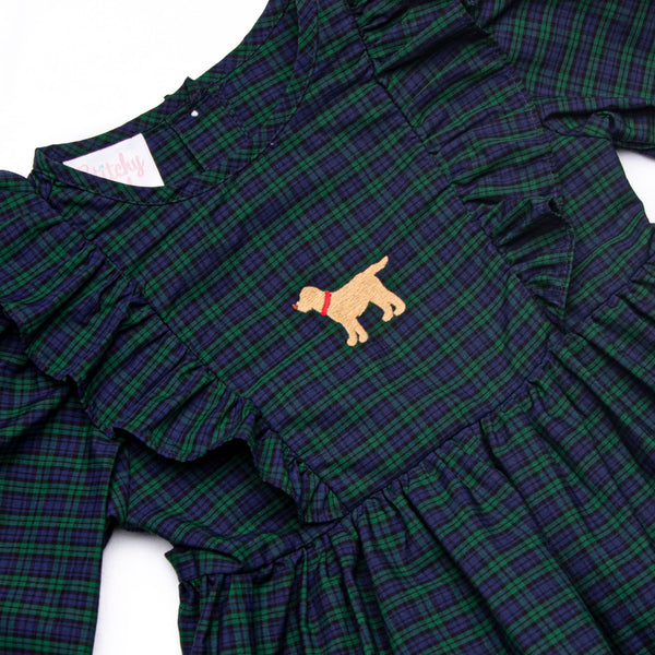 Puppy Plaid Embroidered Dress, Blue