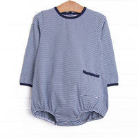 This cozy knit favorite is a staple for every little guy's closet. Featured here in navy blue stripes with a front pocket.
