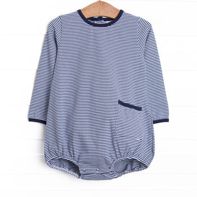 This cozy knit favorite is a staple for every little guy's closet. Featured here in navy blue stripes with a front pocket.