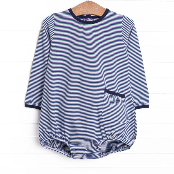 This cozy knit favorite is a staple for every little guy's closet. Featured here in navy blue stripes with a front pocket.