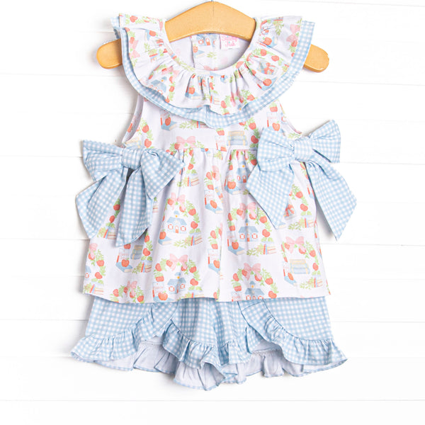 First Day Florals Side Tie Ruffle Short Set, Blue