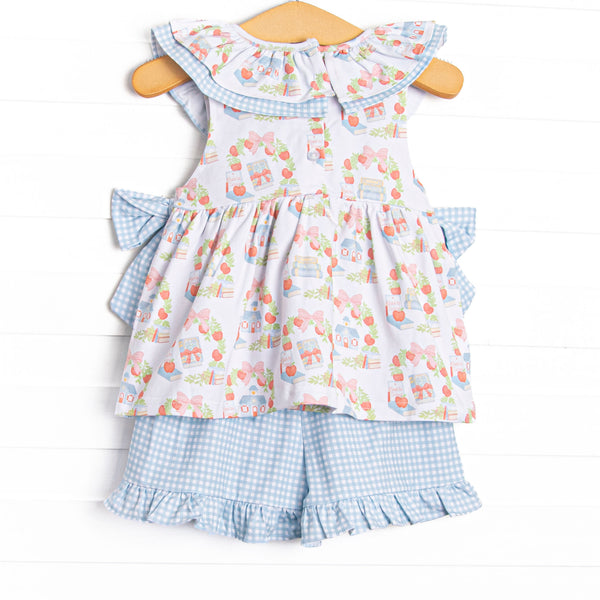 First Day Florals Side Tie Ruffle Short Set, Blue